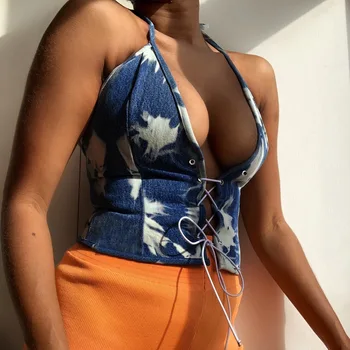Y2K Tie Dye Lace Halter Sexy Tops Mulheres sem Mangas, sem encosto de Pescoço de V Crop Top 2020 Fashion Club Partywear Bodycon Camis