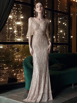 YIDINGZS Elegante Decote em V Longo Sequin Vestido de Noite 2021 Novo Off Ombro Vestido de Noite da Festa