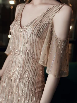 YIDINGZS Elegante Decote em V Longo Sequin Vestido de Noite 2021 Novo Off Ombro Vestido de Noite da Festa