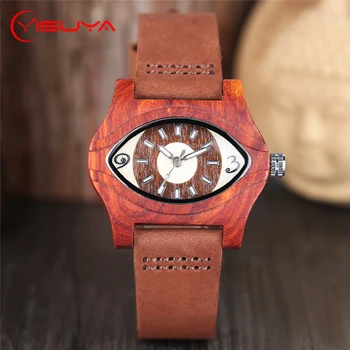 YISUYA Anjo Criativo Olhos das Mulheres Natural Vermelho de Madeira Relógios de Moda Quartzo pulseira de Couro Elegante Relógio de Pulso Relógio de Presente para Homens