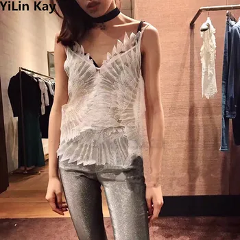 YiLin Kay 2019 novo de alta qualidade sexy mulheres maiores de asas Emplumadas bordado condole correia blusa mulheres do laço de malha de curto-blusas