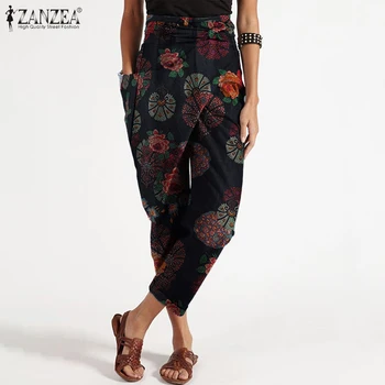 ZANZEA Mulheres estampa Floral Calças Casuais Envoltório Harém Calças Vintage Cintura Alta Algodão, Calças de Linho Nabo Plus Size Streetwear