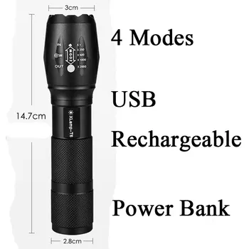 ZHIYU T6 LED Lanterna elétrica do Banco do Poder de 4 Modos, Luzes, Flash, Acampamento Zoomable Tocha Recarregável USB Lâmpadas Construído na Bateria Lanterna