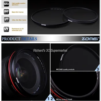 Zomei 49mm 52mm 55mm 58mm 62mm 67mm 72mm 77mm 82mm UV Filtro Ultra-Violeta Lente Filtro Protetor para Canon Nikon Sony Câmera DSLR